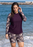 Purple Floral Print High Neck UPF50+ Long Sleeves Drawstring Curvy Women's Swimsuit Tankini Top