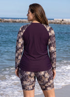 Purple Floral Print High Neck UPF50+ Long Sleeves Drawstring Curvy Women's Swimsuit Tankini Top