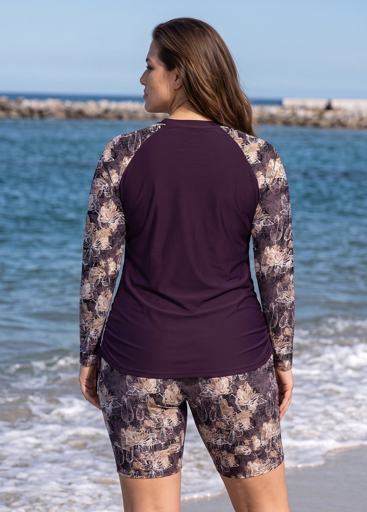 Purple Floral Print High Neck UPF50+ Long Sleeves Drawstring Curvy Women's Swimsuit Tankini Top