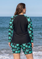 Curvy Black Plant High Neck UPF50+ Long Sleeves Drawstring Women's Swimsuit Tankini Top