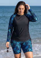 Black Floral High Neck UPF50+ Long Sleeves Drawstring Curvy Women's Swimsuit Tankini Top