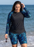 Black Floral High Neck UPF50+ Long Sleeves Drawstring Curvy Women's Swimsuit Tankini Top