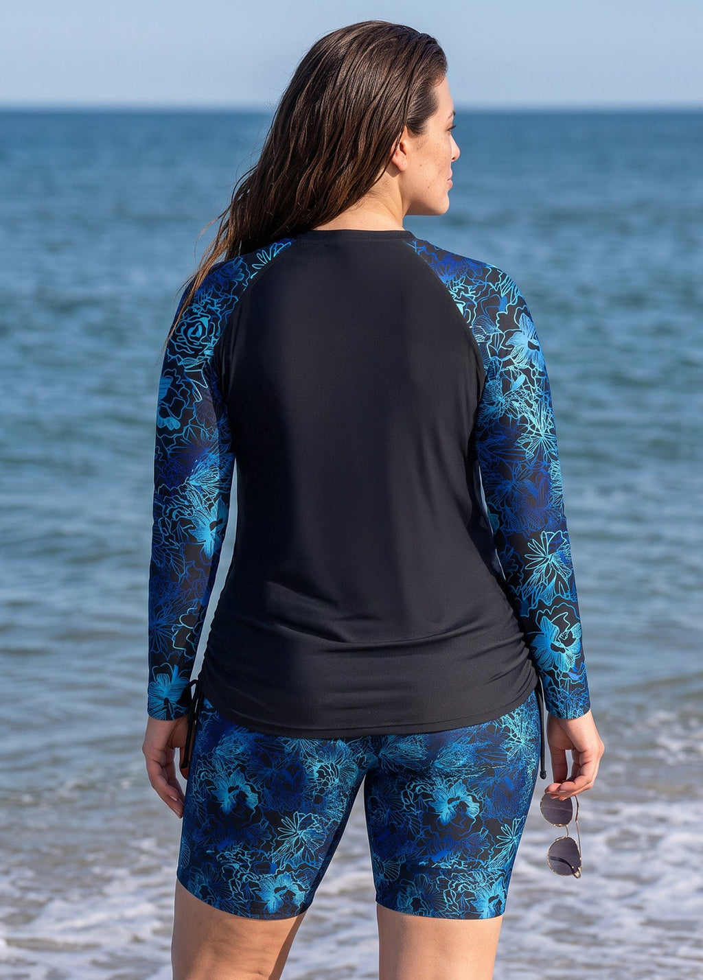 Black Floral High Neck UPF50+ Long Sleeves Drawstring Curvy Women's Swimsuit Tankini Top