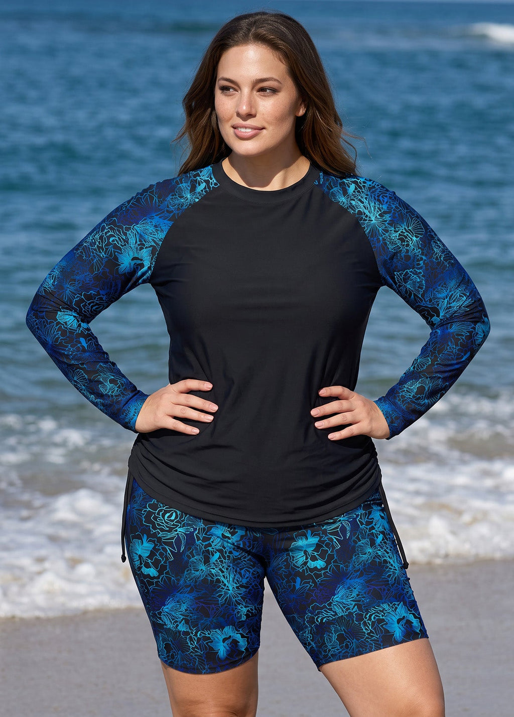 Black Floral High Neck UPF50+ Long Sleeves Drawstring Curvy Women's Swimsuit Tankini Top