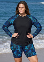 Black Floral High Neck UPF50+ Long Sleeves Drawstring Curvy Women's Swimsuit Tankini Top