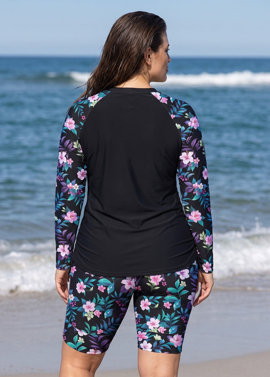 Plus Size Black Floral Print High Neck UPF50+ Long Sleeve Side Drawstring Women's Tankini Top