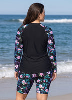 Plus Size Black Floral Print High Neck UPF50+ Long Sleeve Side Drawstring Women's Tankini Top