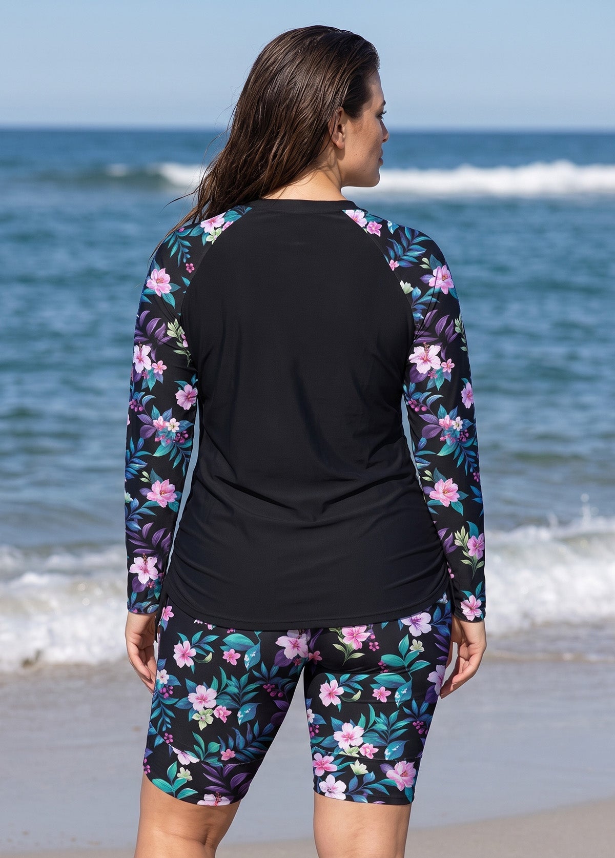 Plus Size Black Floral Print High Neck UPF50+ Long Sleeve Side Drawstring Women's Tankini Top