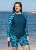 Blue Leaf Tropical Print High Neck UPF50+ Long Sleeve Side Drawstring Curvy Tankini Top