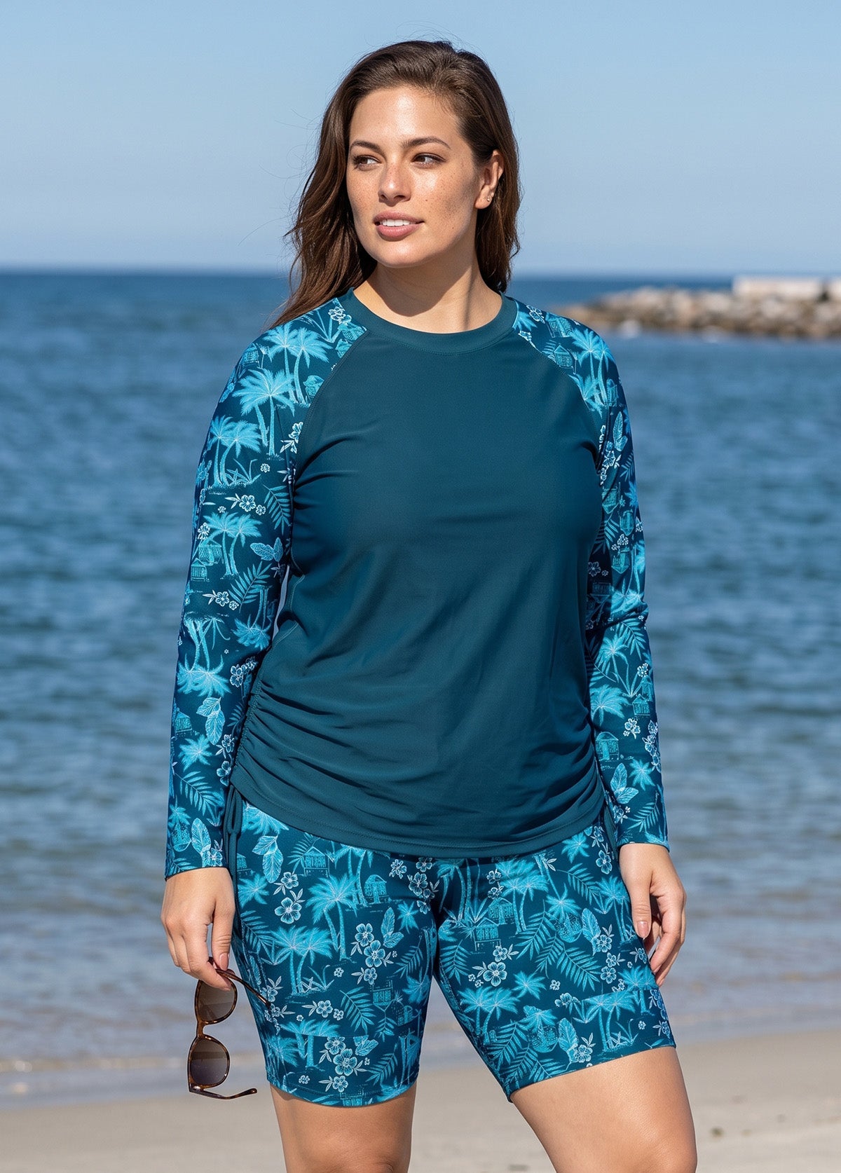 Blue Leaf Tropical Print High Neck UPF50+ Long Sleeve Side Drawstring Curvy Tankini Top