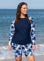 Navy Palm Tree Print High Neck UPF50+ Long Sleeve Drawstring Plus Size Tankini Top