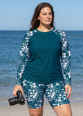 Plus Size Green Floral High Neck UPF50+ Long Sleeves Modest Side Drawstring Swimsuit Tankini Top