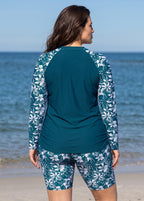 Plus Size Green Floral High Neck UPF50+ Long Sleeves Modest Side Drawstring Swimsuit Tankini Top