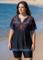 Plus Size Purple V Neck  Upf50+ Short Sleeves Modest Padded Swimsuit Long Tankini Top
