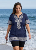 Curvy Navy Floral Print V Neck UPF50+ Short Sleeves Modest Flattering Women's Tankini Top