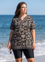Plus Size Black Tropical Palm Print V Neck UPF50+ Short Sleeves Flattering Women's Tankini Top