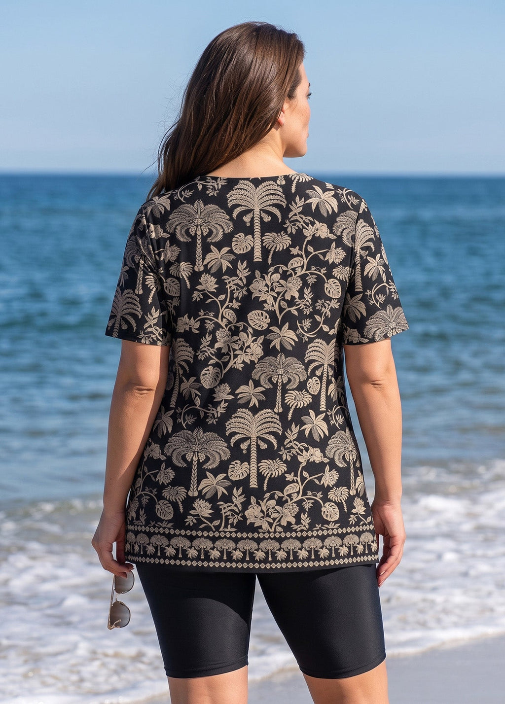Plus Size Black Tropical Palm Print V Neck UPF50+ Short Sleeves Flattering Women's Tankini Top