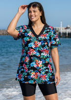 Plus Size Black Floral V Neck Upf50+ Short Sleeves Modest Padded Swimsuit Long Tankini Top