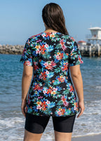 Plus Size Black Floral V Neck Upf50+ Short Sleeves Modest Padded Swimsuit Long Tankini Top