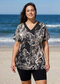 Curvy Black Leaf V Neck UPF50+ Short Sleeves Flattering Women's Swimsuit Tankini Top