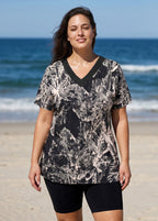 Curvy Black Leaf V Neck UPF50+ Short Sleeves Flattering Women's Swimsuit Tankini Top