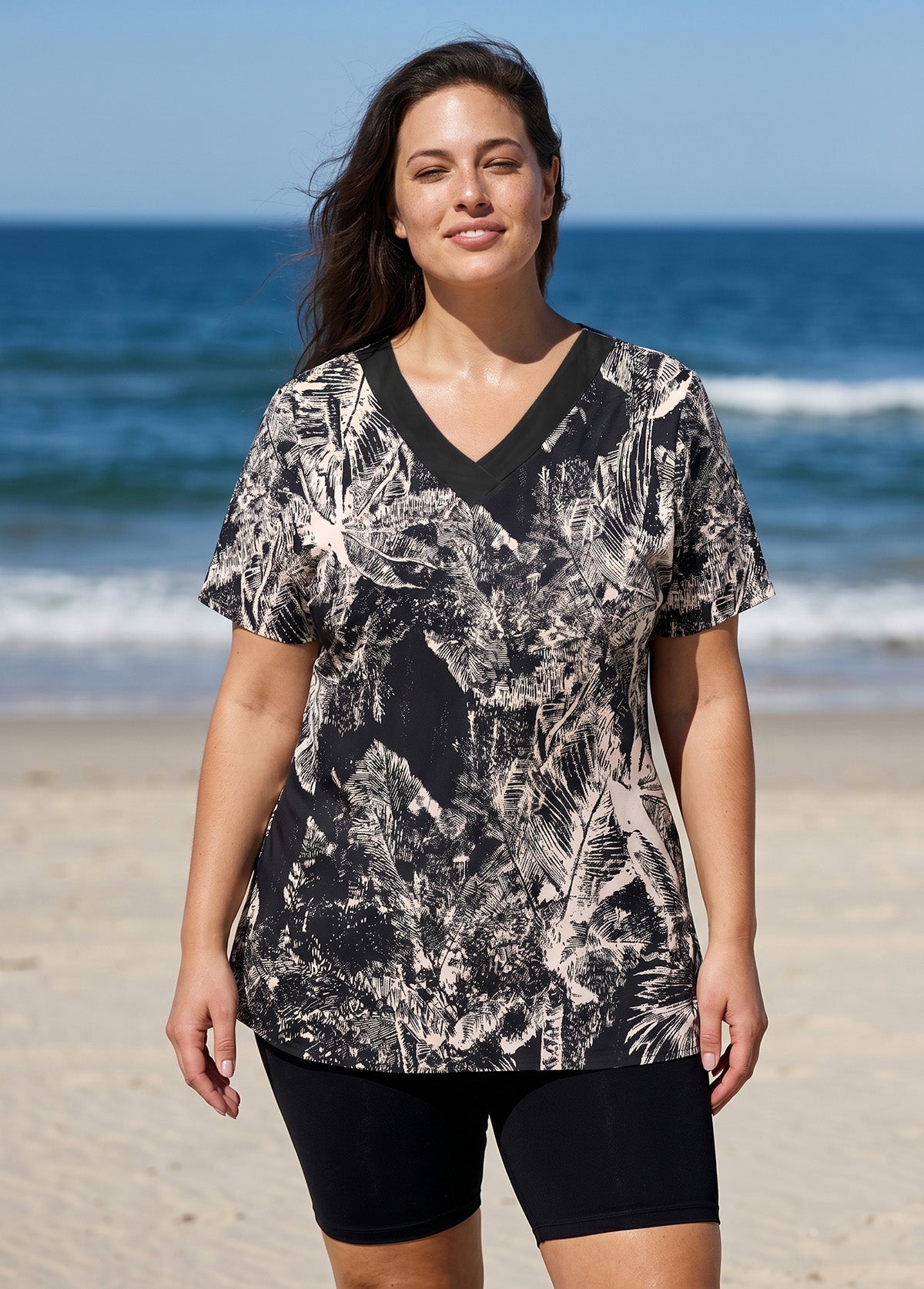 Curvy Black Leaf V Neck UPF50+ Short Sleeves Flattering Women's Swimsuit Tankini Top