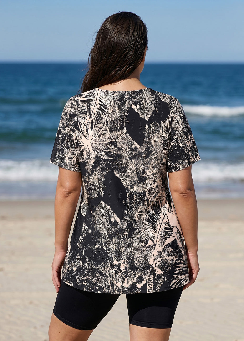 Curvy Black Leaf V Neck UPF50+ Short Sleeves Flattering Women's Swimsuit Tankini Top