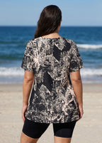 Curvy Black Leaf V Neck UPF50+ Short Sleeves Flattering Women's Swimsuit Tankini Top