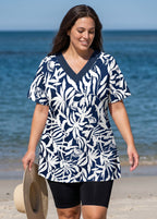 Plus Size Navy Tropical Leaf V Neck UPF50+ Short Sleeves Women's Swimsuit Tankini Top