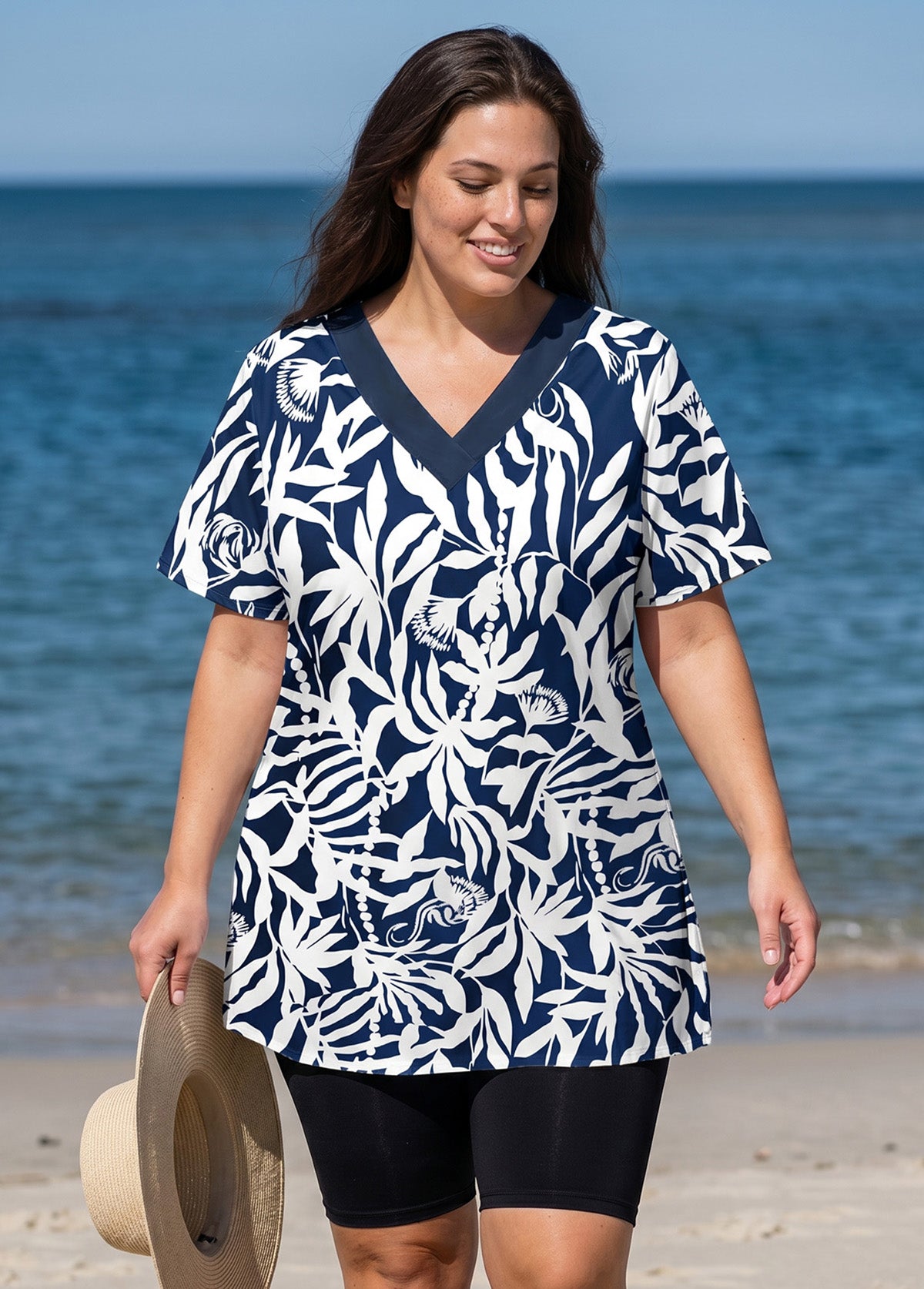 Plus Size Navy Tropical Leaf V Neck UPF50+ Short Sleeves Women's Swimsuit Tankini Top