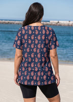 Navy Red Paisley V Neck UPF50+ Short Sleeves Flattering Curvy Women's Swimsuit Tankini Top