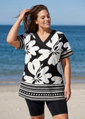 Black White Floral V Neck UPF50+ Short Sleeves Plus Size Women's Swimsuit Tankini Top