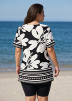 Black White Floral V Neck UPF50+ Short Sleeves Plus Size Women's Swimsuit Tankini Top