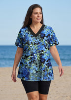 Blue Floral Print V Neck UPF50+ Short Sleeves Vintage Curvy Women's Swimsuit Tankini Top