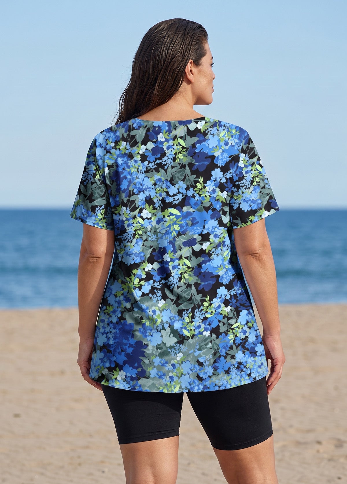 Blue Floral Print V Neck UPF50+ Short Sleeves Vintage Curvy Women's Swimsuit Tankini Top