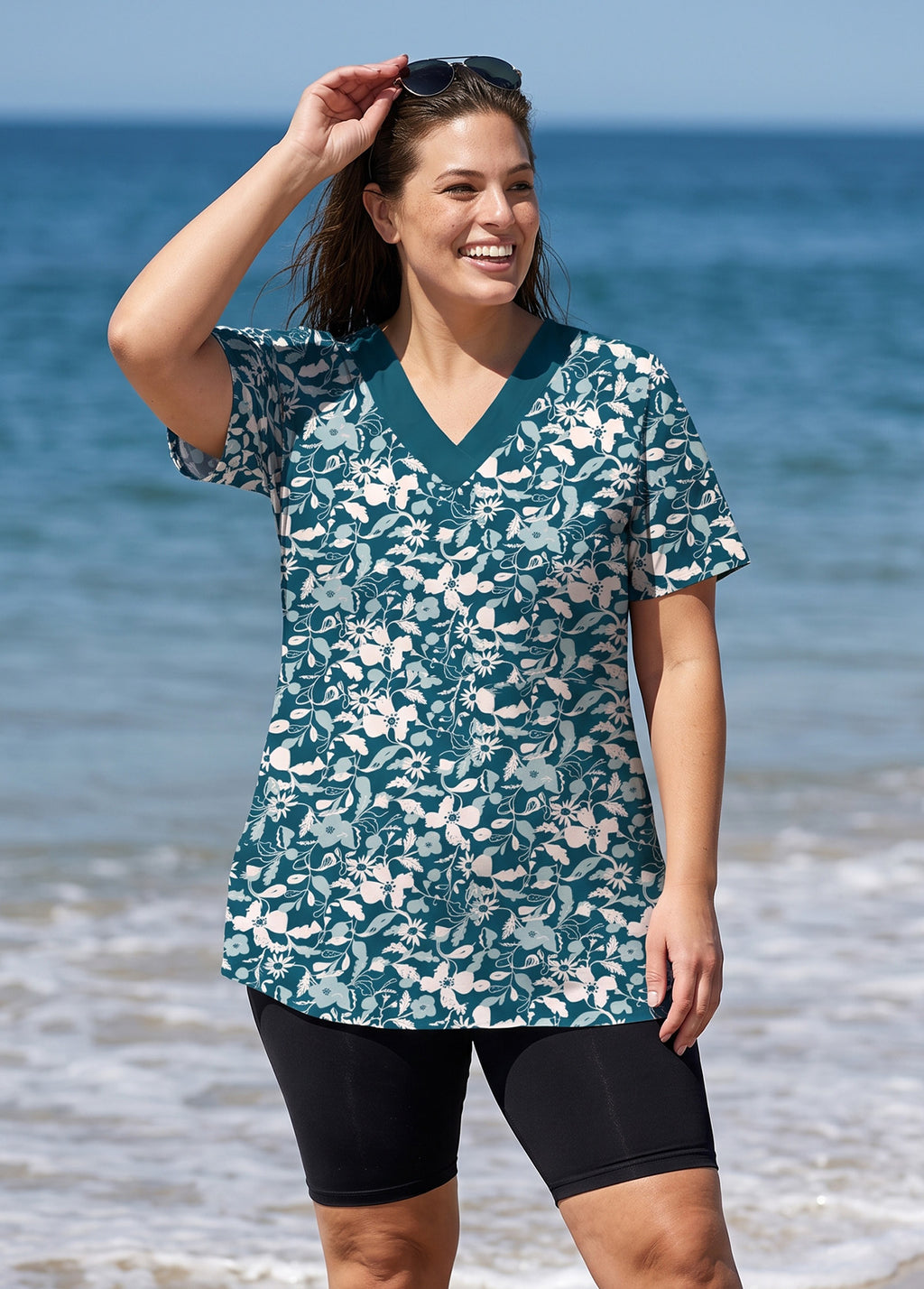 Plus Size Green Leaf Print V Neck UPF50+ Short Sleeves Modest Women's Swimsuit Tankini Top