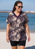 Curvy Purple Floral Print V Neck UPF50+ Short Sleeves Modest Women's Swimsuit Tankini Top