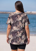 Curvy Purple Floral Print V Neck UPF50+ Short Sleeves Modest Women's Swimsuit Tankini Top