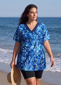 Blue Leaf V Neck UPF50+ Short Sleeves Vintage Plus Size Women's Swimsuit Tankini Top