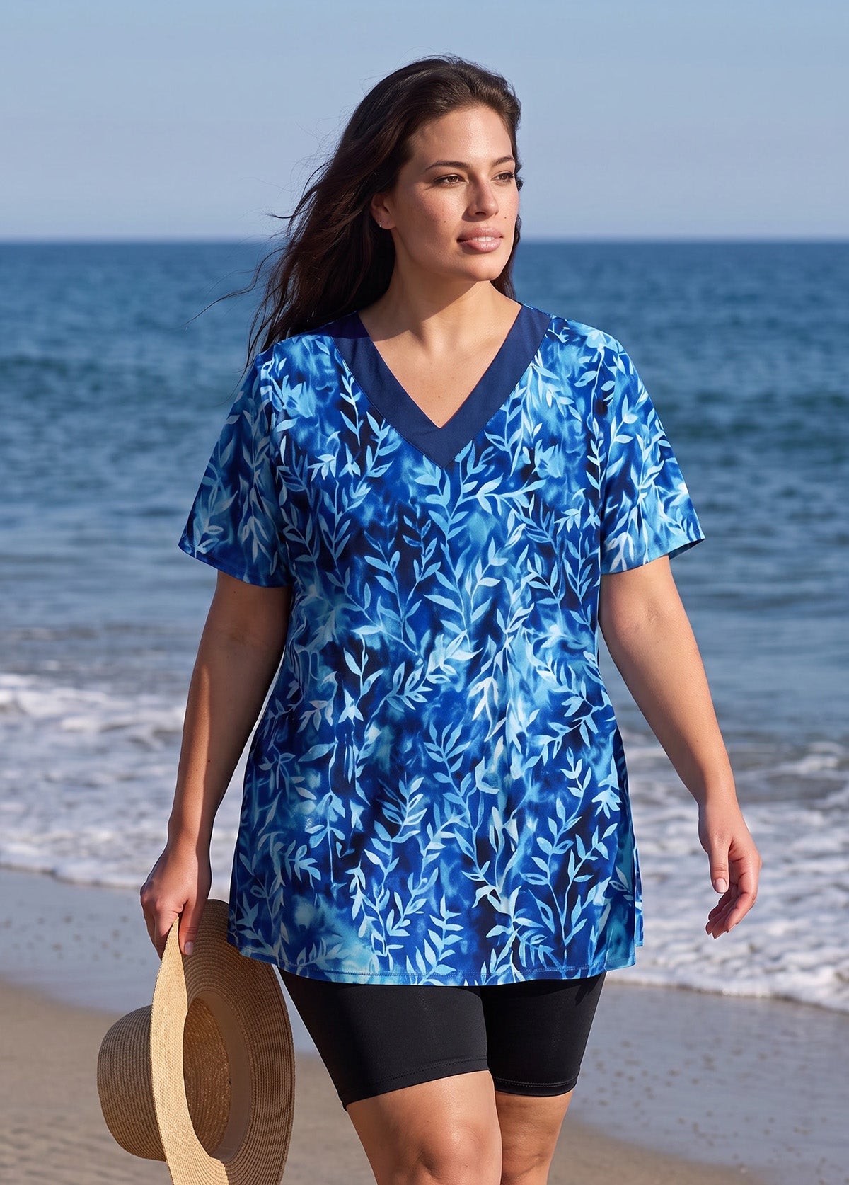 Blue Leaf V Neck UPF50+ Short Sleeves Vintage Plus Size Women's Swimsuit Tankini Top