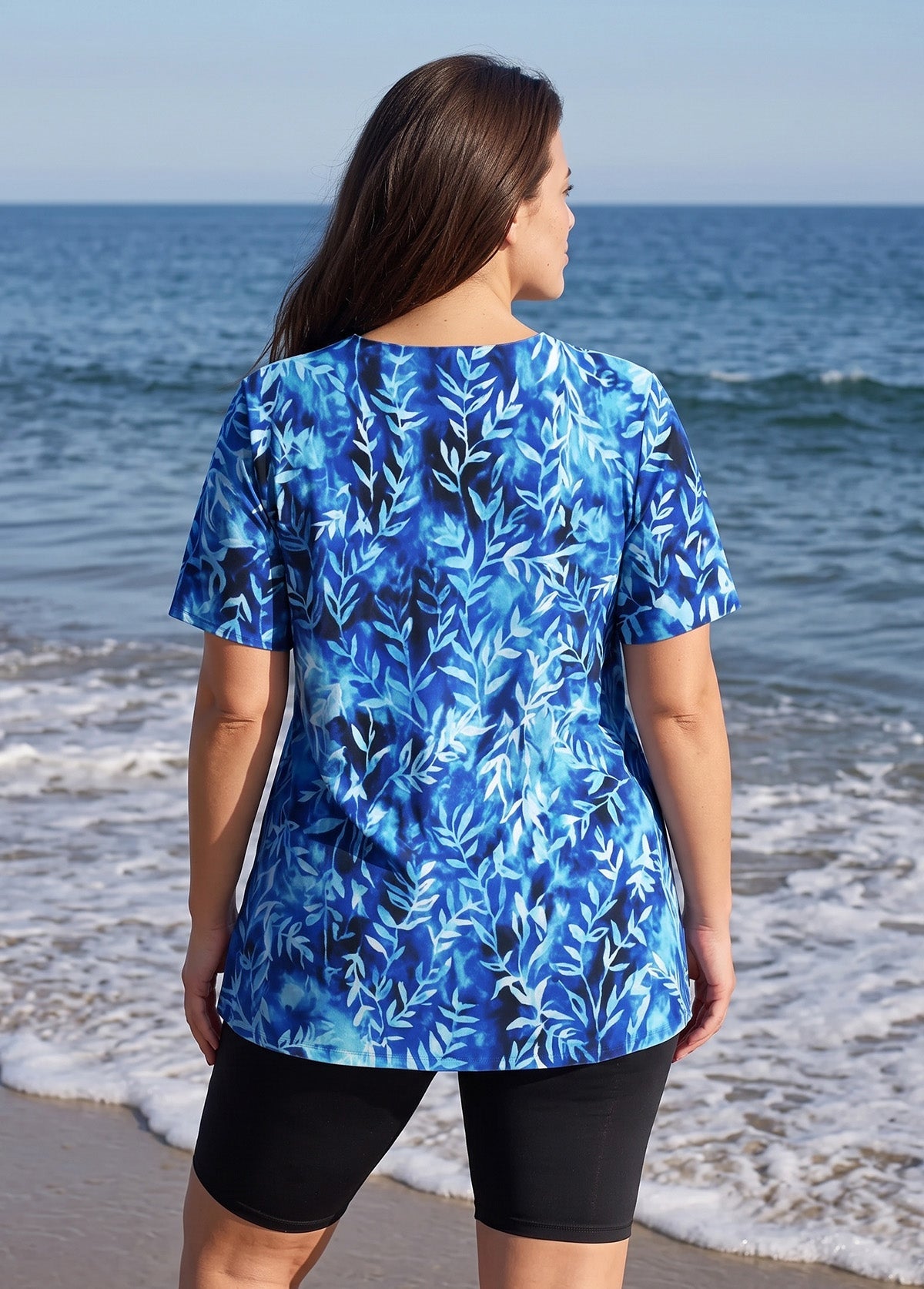 Blue Leaf V Neck UPF50+ Short Sleeves Vintage Plus Size Women's Swimsuit Tankini Top