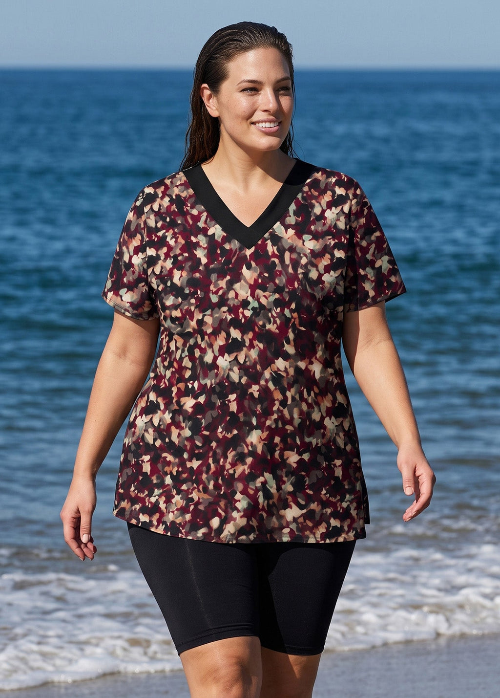 Plum Watercolor Print V Neck UPF50+ Short Sleeve Flattering Plus Size Tankini Top