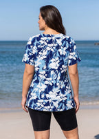 Curvy Navy Floral Print V Neck UPF50+ Short Sleeve Flattering Swimsuit Tankini Top