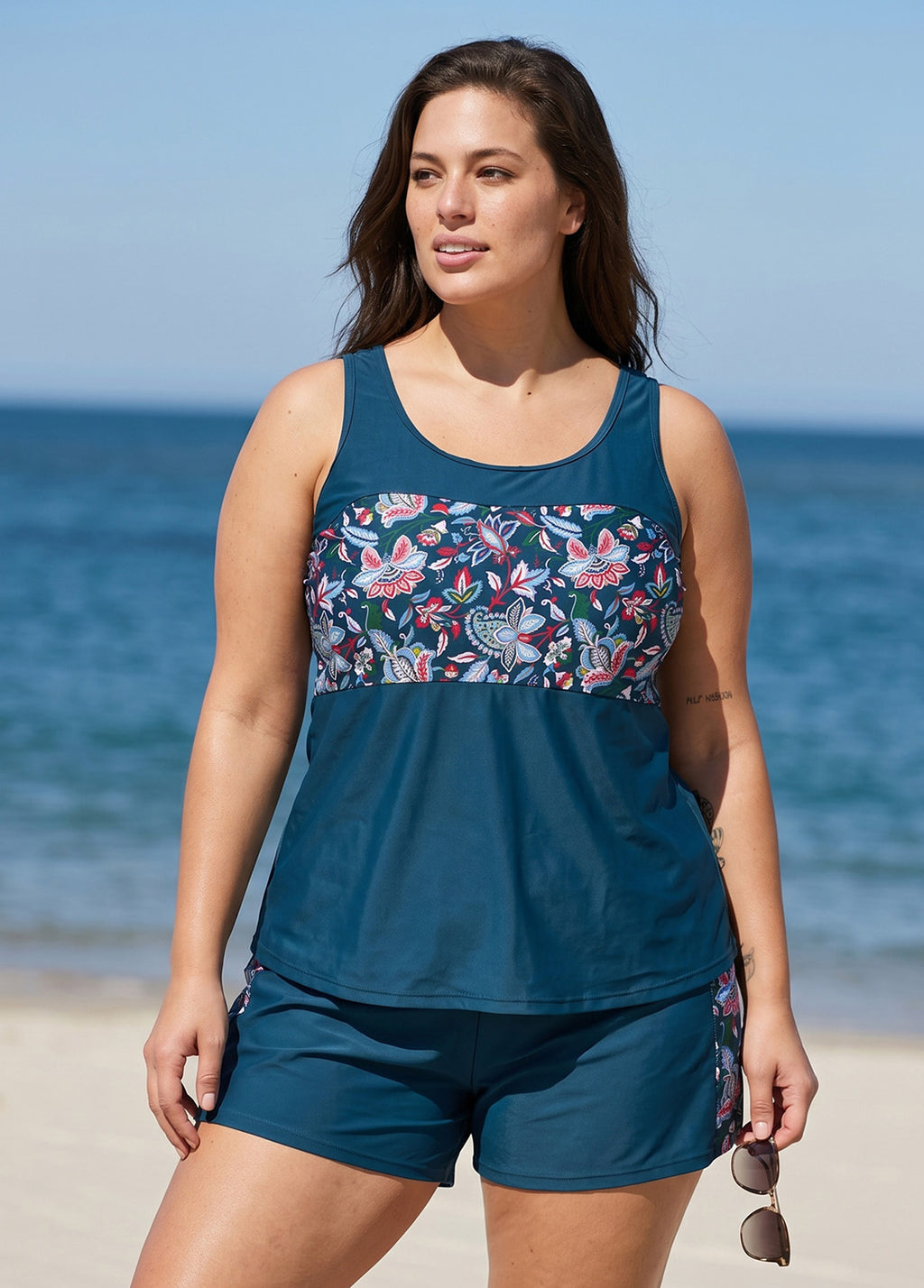 Navy Floral Scoop Neck Flattering Plus Size Women's Swimsuit Two Piece Tankini Set