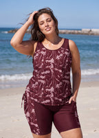 Red Floral Print Scoop Neck Sleeveless Flattering Plus Size Women's Swimsuit Tankini Set