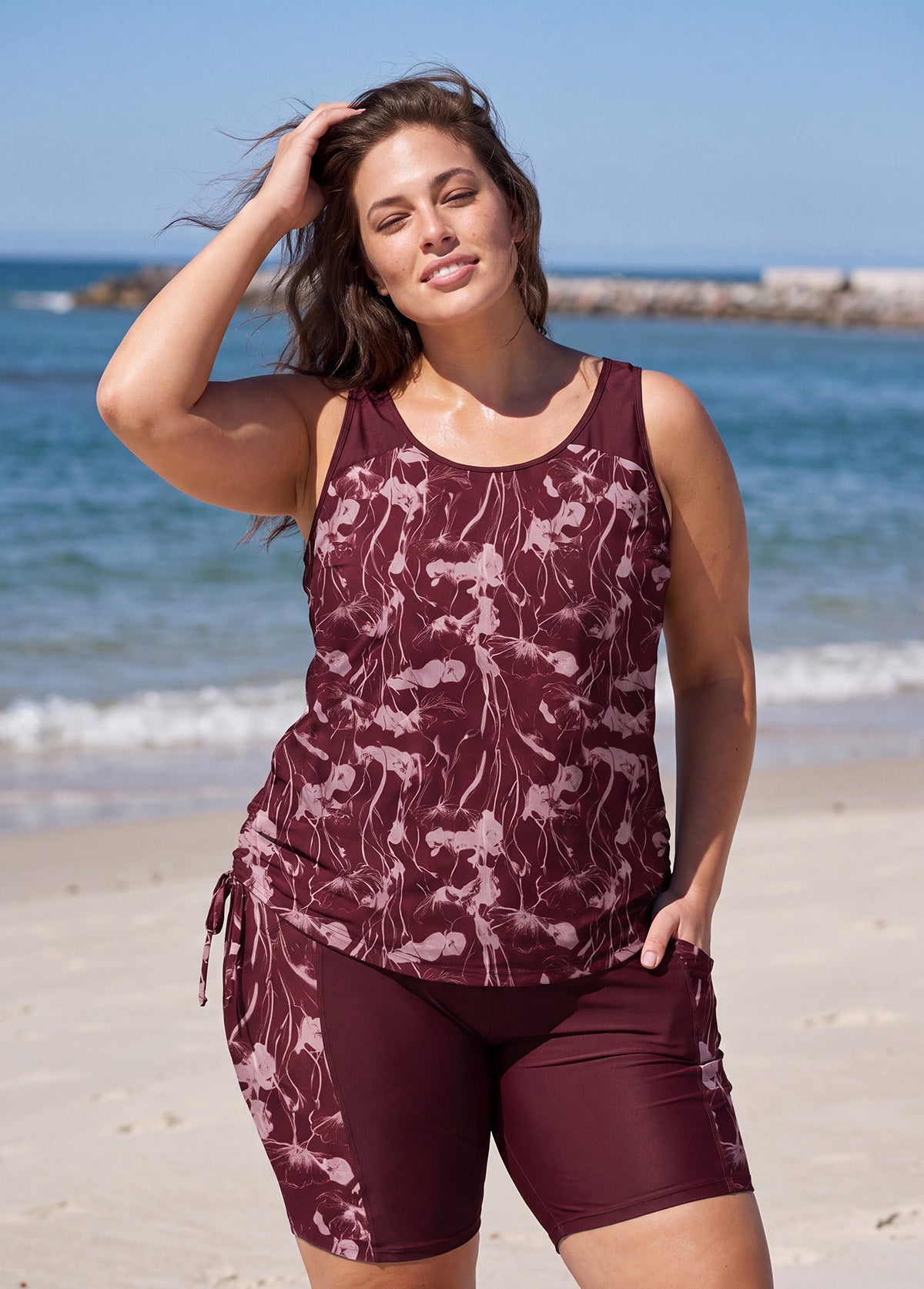 Red Floral Print Scoop Neck Sleeveless Flattering Plus Size Women's Swimsuit Tankini Set