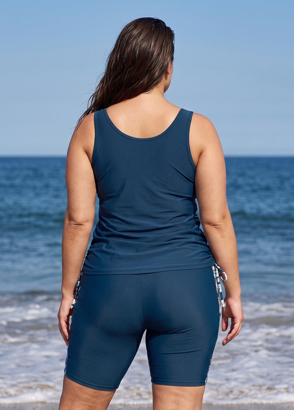 Navy Floral Print Scoop Neck Sleeveless Modest Curvy Women's Swimsuit Tankini Set
