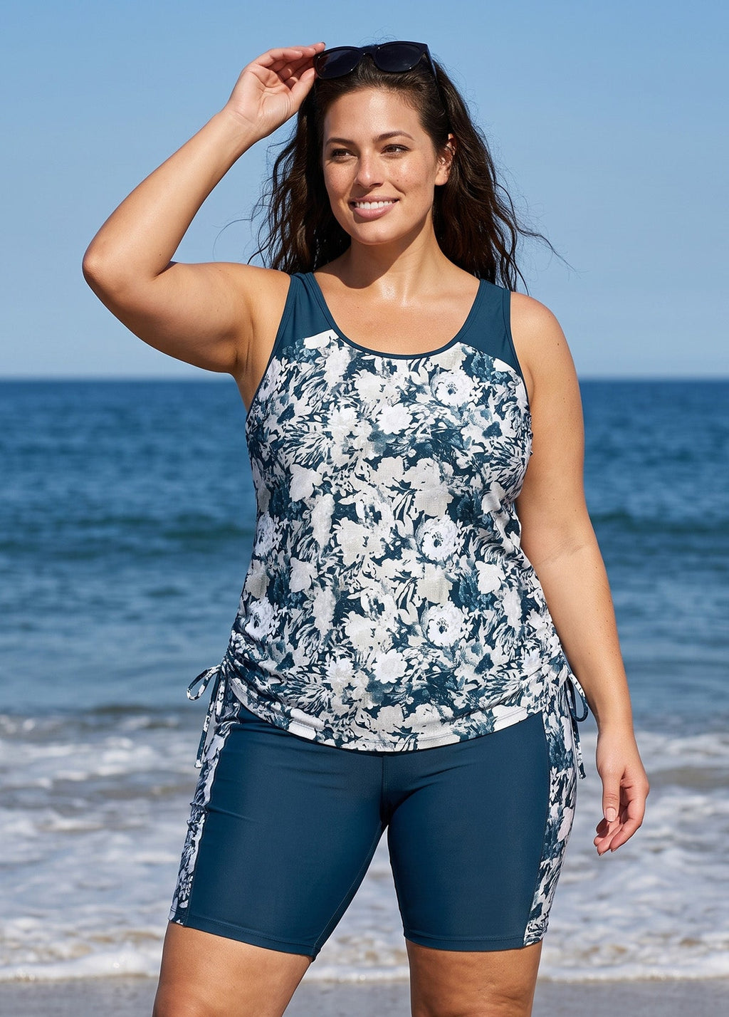 Navy Floral Print Scoop Neck Sleeveless Modest Curvy Women's Swimsuit Tankini Set