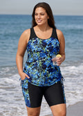 Plus Size Blue Floral Print Scoop Neck Sleeveless Vintage Women's Swimsuit Tankini Set