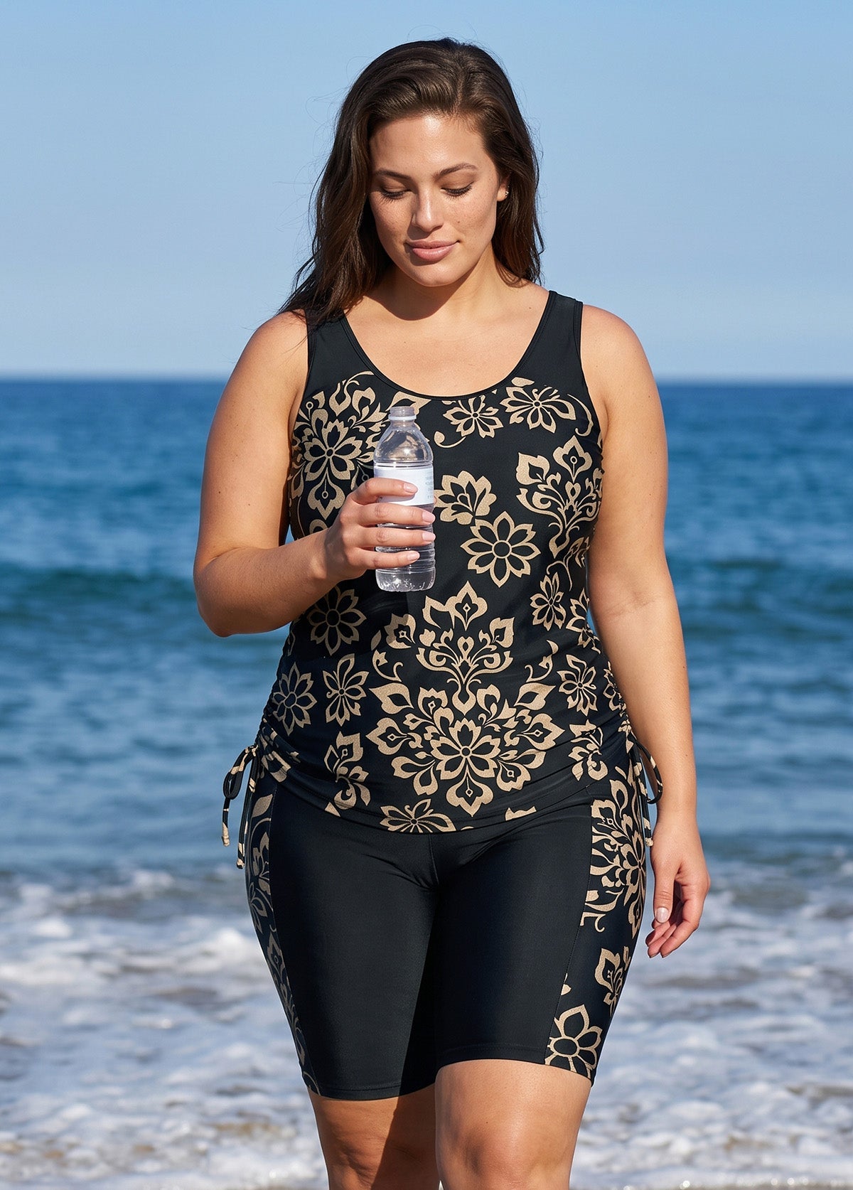 Plus Size Black Floral Print Scoop Neck Sleeveless Side Drawstring Pocketed Tankini Set
